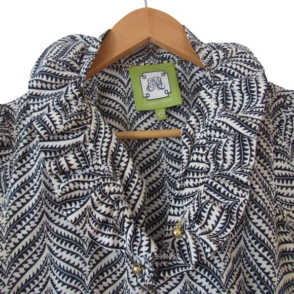 Elizabeth McKay Sleeveless Blouse Size 0 Black Blue White Ruffle Neckline - Picture 3 of 9